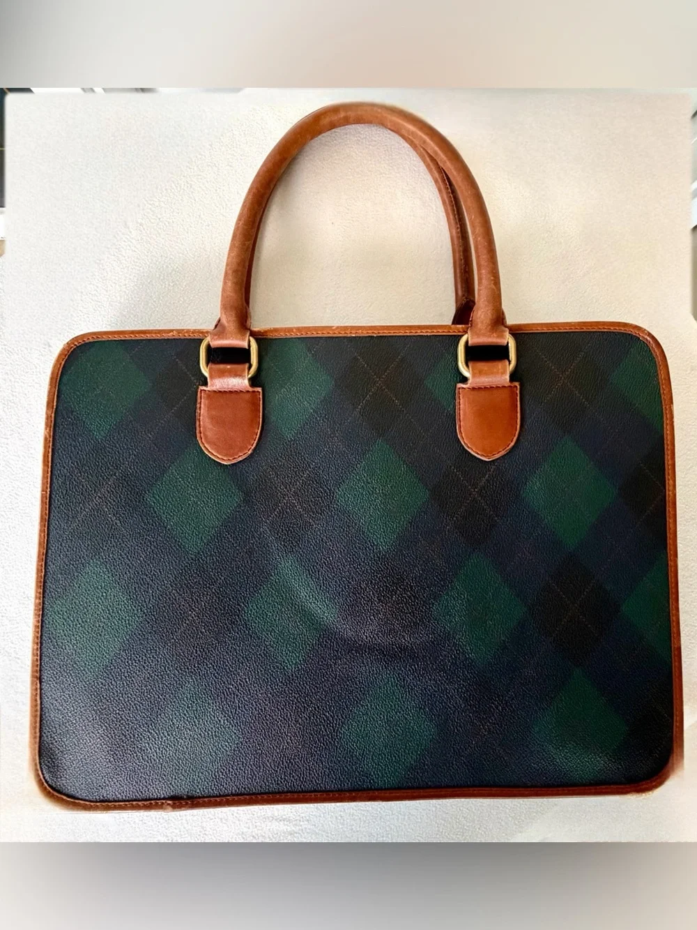 Pringle of Scotland VTG leather & coated canvas laptop bag, zip, brass, GUC